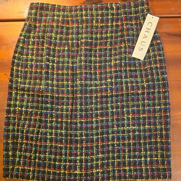 Chaus Dresses & Skirts - Skirt Tweed Black Yellow Green Red Blue Lined A-line Chaus size 12 1990s NWT Vtg